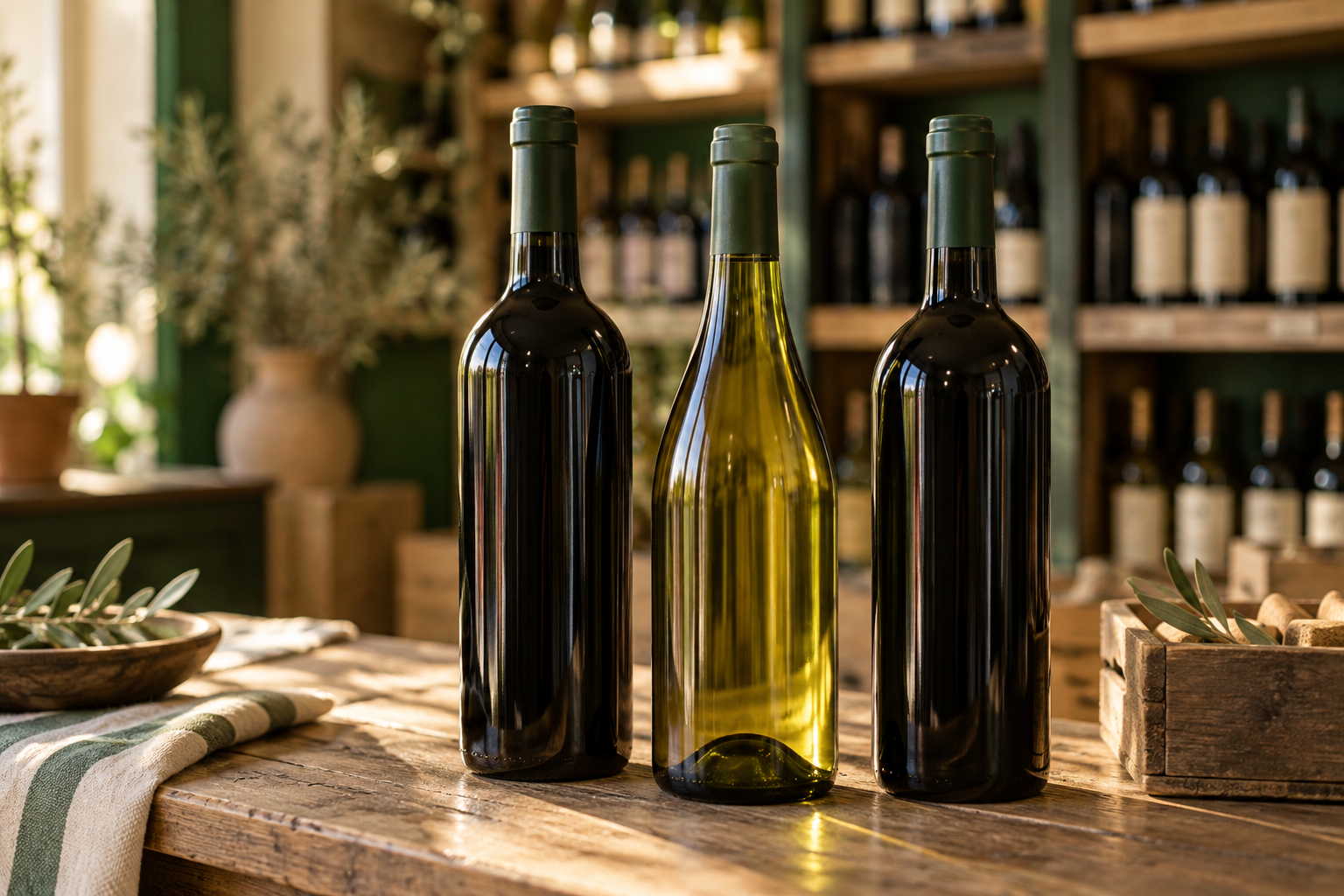 Seleção ilustrativa de vinhos numa garrafeira